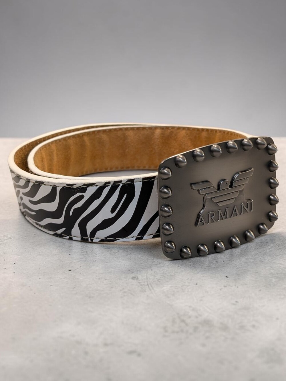 Vintage Giorgio Armani Animal Print Leather Belt with Studded Metal Buckle